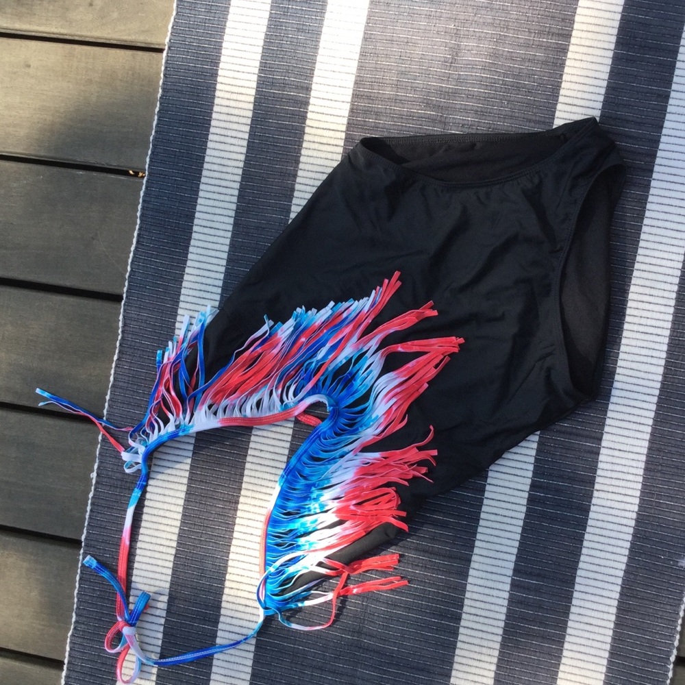 Red white and blue fringe plunge swimsuit